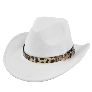 Detail view of the leopard print belt and silver buckle on the white felt cowboy hat