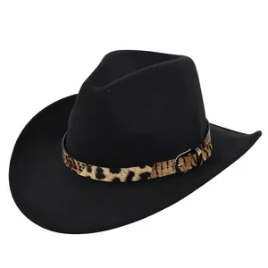 Vintage Western Cowboy Hat Leopard Print Band Metal Buckle Wide Brim Polyester Felt Fedora Jazz Hat For Men Women