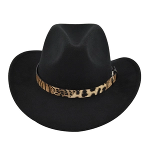 Classic black felt fedora hat featuring a stylish leopard print band and metal buckle