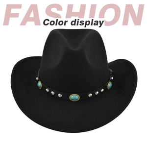 Detail of black cowboy hat with leather band featuring turquoise stones and silver studs