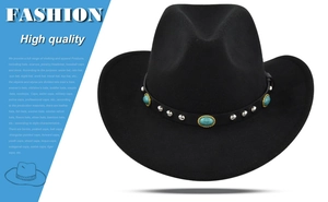Detail of black cowboy hat featuring a vintage turquoise stone and silver studs on the band