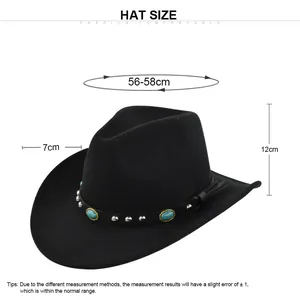Chapeau de cowboy classique en feutre noir avec détails turquoise et guide de taille