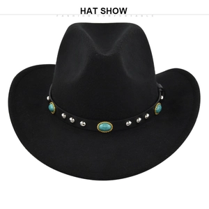 Detail of black wool felt cowboy hat with turquoise stones and silver metal rivets decoration