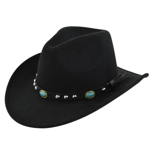 Detail of black wool felt cowboy hat with turquoise stone and leather trim