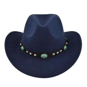 Close-up of navy blue felt cowboy hat with turquoise and silver studded leather band