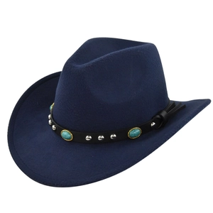 Detail of blue wool cowboy hat with turquoise gemstone leather band and silver studs