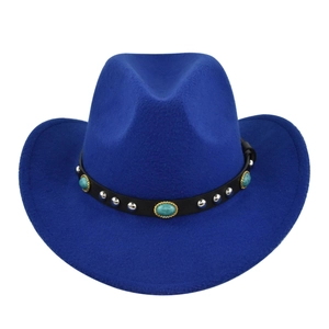 Detail of dark blue fedora with leather band, silver studs and turquoise stones