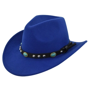 Detail of royal blue cowboy hat featuring turquoise stone and metal stud leather band