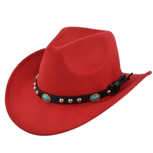 Detail of red wool fedora featuring black leather band with turquoise stone and metal studs