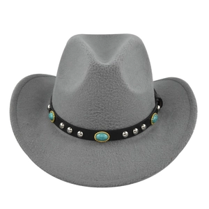 Detailed macro of vintage grey wool felt cowboy hat with turquoise and silver studded band
