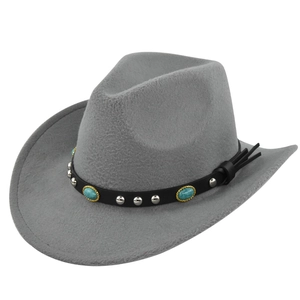 Detail view of the gray felt cowboy hat featuring turquoise stones and silver metal rivets