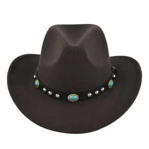 Detailed view of dark brown felt cowboy hat with turquoise gemstone and leather band
