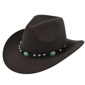 Close-up of leather hatband with turquoise gemstone and silver studs on brown felt cowboy hat
