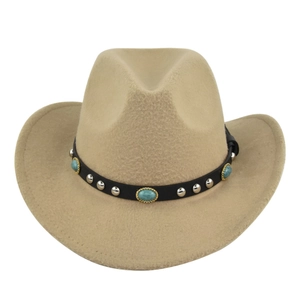 Vintage Western Cowboy Hat Imitation Felt Fedora With Turquoise Rivets Leather Band Wide Brim Party Hat For Women