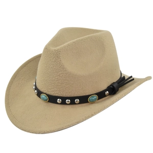 Detail of camel felt cowboy hat with turquoise beads, silver studs and leather tassels