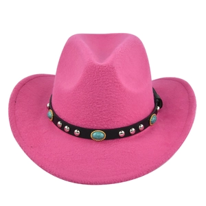 Classic rose pink wool felt cowboy hat with emerald turquoise beads and silver studs