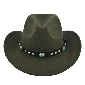 Detail of olive green felt cowboy hat with leather band and turquoise studs