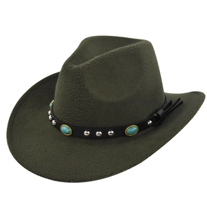 Detail of dark olive wool fedora hat with turquoise gemstone and silver studded band