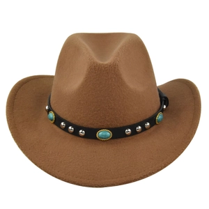 Close-up of brown wool felt cowboy hat featuring turquoise stones and silver studs
