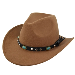Detailed view of brown felt fedora hat featuring turquoise stones and silver rivets