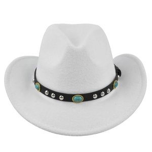 Detail of white wool cowboy hat with turquoise gemstones and silver studs on black band