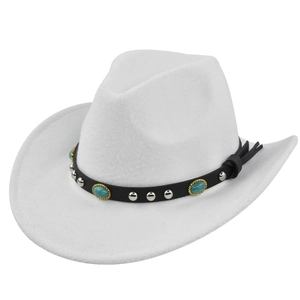 Close-up of white cowboy hat with black leather band, silver studs and turquoise stones