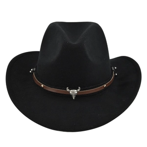 Vintage Western Cowboy Hat Wide Brim Jazz Fedora With Metal Bull Skull Bone Decoration Solid Color Felt Hat For Men Women