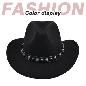 Detail of black felt cowboy hat featuring turquoise stones and silver studs on leather band
