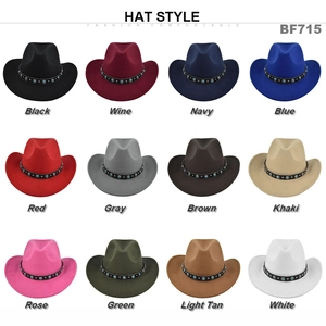 Grid display of felt cowboy hats in 12 colors with turquoise studded leather bands