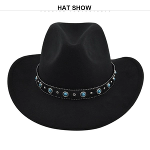 Detail of black cowboy hat featuring leather band with turquoise stone and metal studs