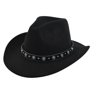 Detail of black felt cowboy hat with turquoise beads and silver stud decorations