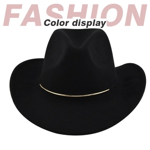 Detailed view of black felt wide brim fedora hat with gold metal decorative band