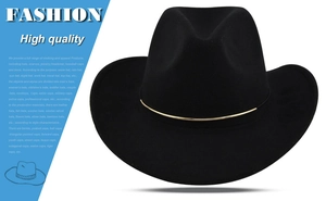 Detailed macro view of black wool felt fedora featuring a slim gold metal decorative band