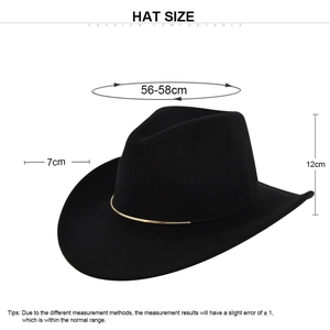 Classic black wide brim felt jazz hat with gold ring and size measurements