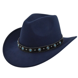 Detail of navy blue felt cowboy hat featuring turquoise beads and silver metal studs