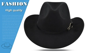 Detail of black felt fedora hat featuring a vintage leather band and metal buckle