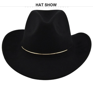 Detail of black wide brim felt jazz hat with a stylish gold metal bar accent on the band