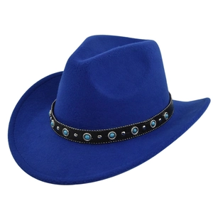 Detail of blue felt cowboy hat featuring black decorative band with turquoise beads