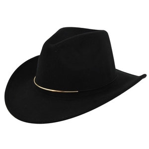 Detailed side view of a black wool felt cowboy hat with an elegant gold metal trim band