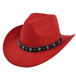 Detail of red cowboy hat with black leather band, blue turquoise beads and silver rivets