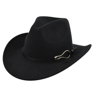 Close-up of black wool felt fedora featuring a slim leather belt and gold metal buckle