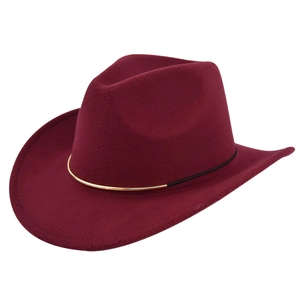 Detail view of burgundy western felt cowboy hat with gold metallic trim on wide brim