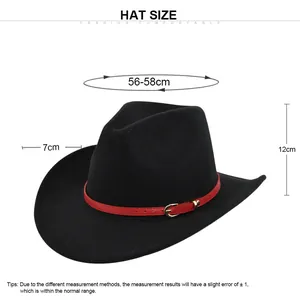 Size chart for vintage black felt cowboy hat with 56-58cm circumference and 7cm brim