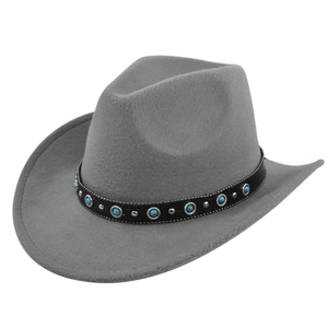 Vintage grey felt cowboy hat with black leather band and turquoise stone accents