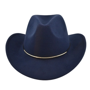 Close-up of navy blue wool felt cowboy hat with minimalist gold metal band detail