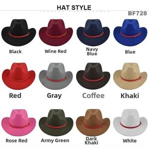 Vintage western cowboy felt fedora hat with red belt buckle decoration in 12 colors