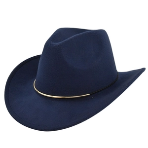 Detail view of deep blue wool felt cowboy hat with a decorative gold metal ring band
