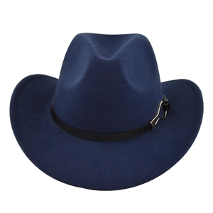 Close-up of deep blue felt fedora featuring a leather band with gold metal buckle detail