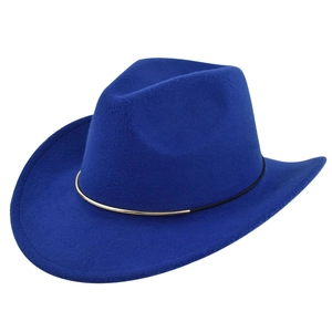 Close-up of royal blue wool felt cowboy hat featuring a black band and gold metallic buckle