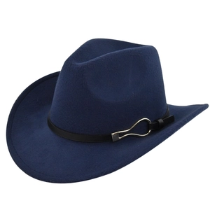 Close-up of dark blue felt fedora with black decorative band and silver buckle